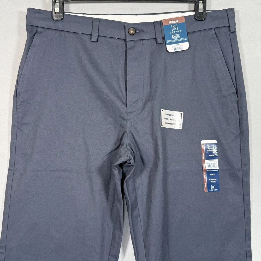 NWT George Men Flat‎ Front Wrinkle Resistant 36x32 Regular Fit Navy Blue Stretch